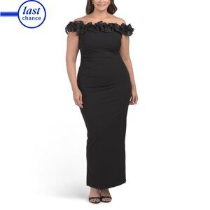 XSCAPE Black Ruffled Floral Off The Shoulder Gown